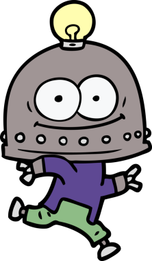 Bir insan tarafından çizilmiş ampullü mutlu karton robot.