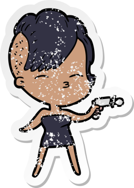 Çizgi film karakteri, şaşı bir kız, bir insan tarafından çekilen ışın tabancasını işaret ediyor.