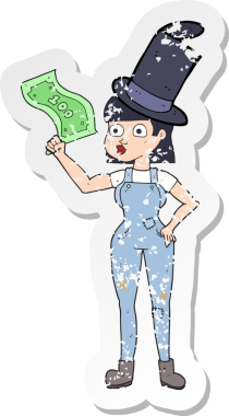 Bir insan tarafından çekilen paraya tutunan karikatürlü bir kadının geçmişe dönük sıkıntılı çıkartması.