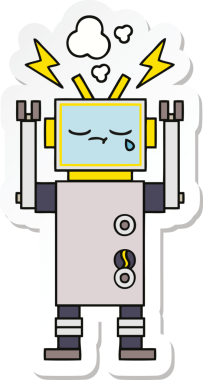 Bir insan tarafından çizilmiş şirin, ağlayan bir robot çıkartması.