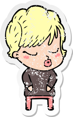 Bir insan tarafından çizilmiş gözleri olan karikatürlü bir kadının sıkıntılı çıkartması.