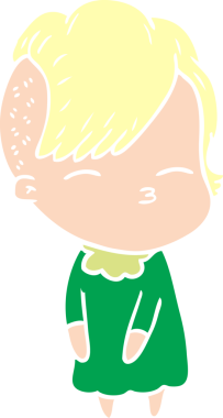 Düz renkli çizgi film çizen kız bir insan tarafından çizilmiş.