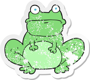 Bir insan tarafından çizilmiş karikatür kurbağasının gerilemiş çıkartması.