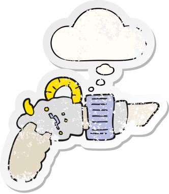 Düşünce baloncuklu karikatür ışın tabancası insan tarafından çizilmiş yıpranmış bir çıkartma gibi.