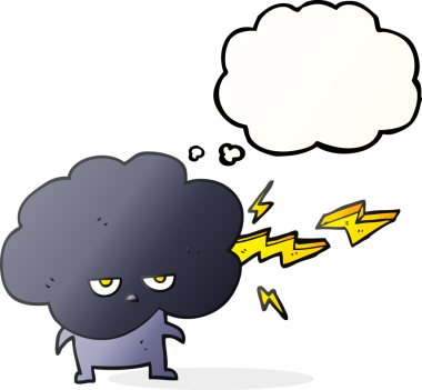 Serbest çizim düşünce balonu karikatürü Yağmur Bulutu karakteri bir insan tarafından çizilmiş yıldırımlar.
