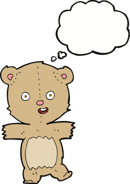 Bir insan tarafından çizilmiş düşünce balonuyla dans eden oyuncak ayı.