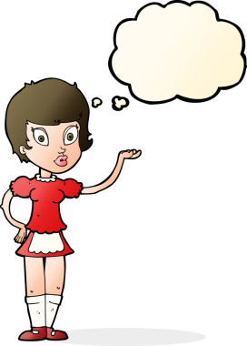 Bir insan tarafından çizilmiş düşünce kabarcığı olan çizgi film garsonu.