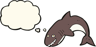 Bir insan tarafından çizilmiş düşünce baloncuklu çizgi film köpekbalığı.