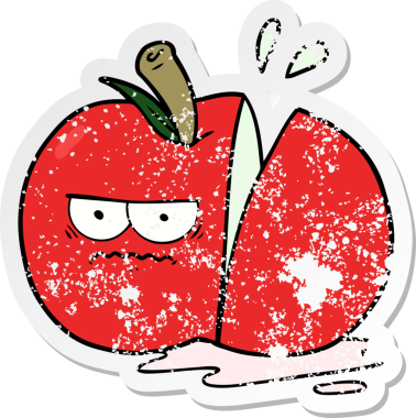 Bir insan tarafından çizilmiş kızgın, dilimlenmiş bir elmanın sıkıntılı çıkartması.