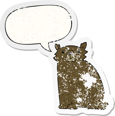 Konuşma baloncuğu olan çizgi film ayısı bir insan tarafından çizilmiş sıkıntılı eski bir çıkartma