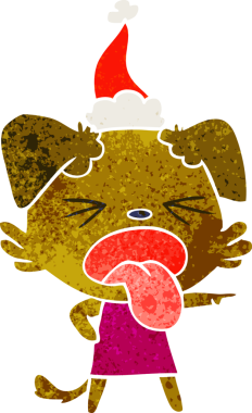 Bir insan tarafından çizilmiş, tiksinmiş, Noel Baba şapkası takan bir köpeğin retro karikatürü.