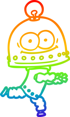 Gökkuşağı gradyan çizgisi mutlu bir karton robot çizimi ve bir insan tarafından çizilmiş ampul.