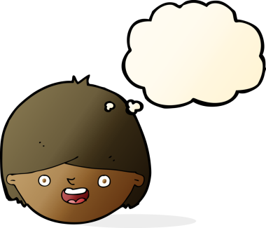 Bir insan tarafından çizilmiş düşünce baloncuklu mutlu bir yüz.