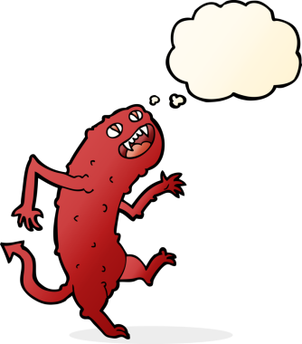 Bir insan tarafından çizilmiş düşünce baloncuklu çizgi film canavarı.