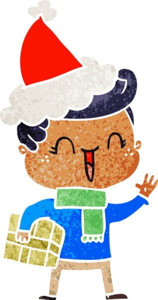 Bir insan tarafından çizilmiş Noel Baba şapkası giymiş gülen bir çocuğun el çizimi karikatürü.