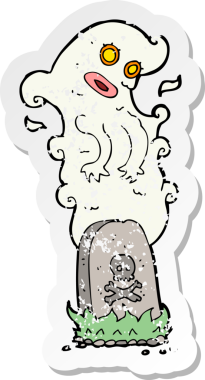 Bir insan tarafından çizilmiş mezardan yükselen karikatür bir hayaletin gerilimli çıkartması.