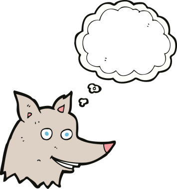 Bir insan tarafından çizilmiş düşünce balonlu bir kurt kafası.