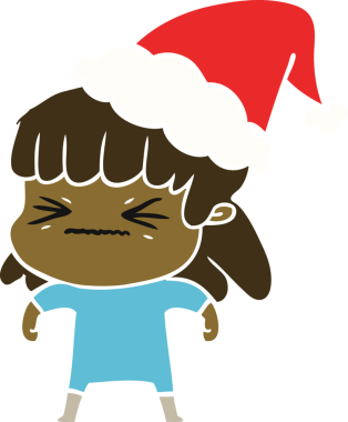 Bir insan tarafından çizilmiş Noel Baba şapkası takan bir kadının düz renkli çizimi.