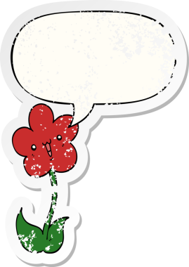 Konuşma baloncuğu olan karikatür çiçeği bir insan tarafından çizilmiş sıkıntılı eski bir çıkartma