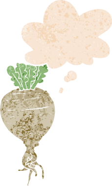 Düşünce baloncuklu karikatür kökü sebzesi grunge sıkıntılı retro dokuma tarzı bir insan tarafından çizilmiş