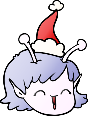 Bir insan tarafından çizilmiş Noel Baba şapkası giyen uzaylı bir uzay kızının el çizimi karikatürü.