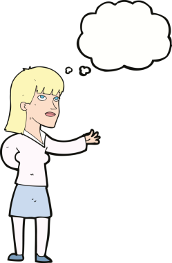 Bir insan tarafından çizilen düşünce baloncuğuyla açıklayan çizgi film kadını.