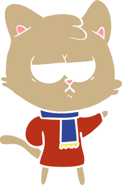 Bir insan tarafından çizilmiş kışlık kıyafetlerle sıkılmış düz renkli çizgi film kedisi.