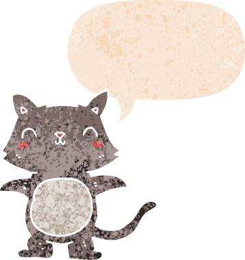 grunge 'da konuşma balonu olan çizgi film kedisi bir insan tarafından çizilmiş dertli retro desenli