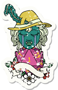 Retro Dövme Tarzı Ağlayan Ork Ozan Karakteri Bir insan tarafından çizilmiş doğal bir D20 rulo