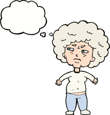 Bir insan tarafından çizilmiş düşünce baloncuğuyla yaşlı bir kadını rahatsız eden çizgi film.