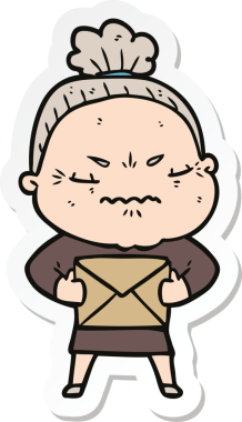 Çizgi film çıkartması. Bir insan tarafından çizilmiş yaşlı bir kadın.