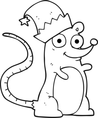 Bir insan tarafından çizilmiş Noel şapkası takan siyah beyaz bir fare çizildi.