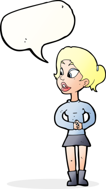 Bir insan tarafından çizilmiş konuşma baloncuğuyla konuşan çizgi film kızı.