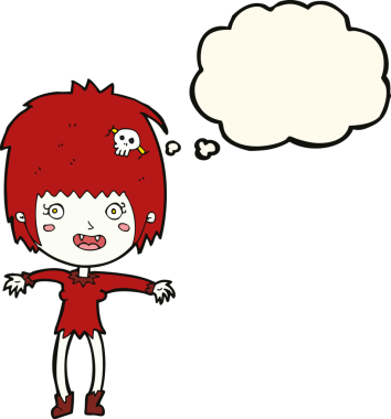 Bir insan tarafından çizilmiş düşünce balonlu vampir kız.