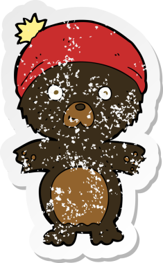 Bir insan tarafından çizilmiş şapkalı sevimli siyah ayı çizgi filminin gerilimli yapıştırması.