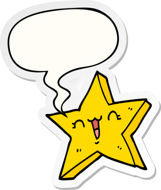 Bir insan tarafından çizilmiş konuşma kabarcığı çıkartmalı sevimli çizgi film yıldızı.