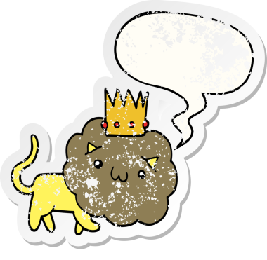 Sözcük baloncuklu çizgi film aslanı bir insan tarafından çizilmiş sıkıntılı eski bir çıkartma.