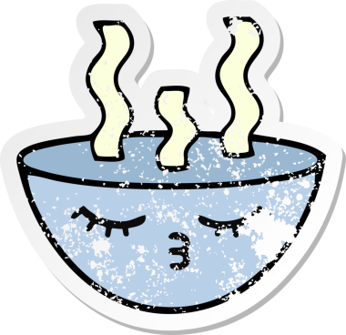 Bir insan tarafından çizilmiş sıcak çorba kasesinin hüzünlü çıkartması.