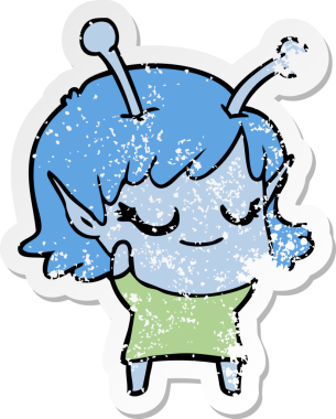 Bir insan tarafından çizilmiş gülümseyen uzaylı kız çizgi filminin sıkıntılı çıkartması.