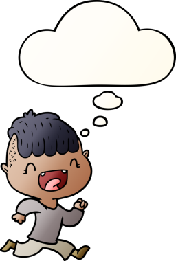 Çizgi filmdeki mutlu çocuk gülerek ve düşünce baloncuğuyla bir insan tarafından çizilmiş gibi kaçıyor.