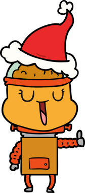 Bir insan tarafından çizilmiş Noel Baba şapkası takan bir robotun çizdiği mutlu el çizimi.