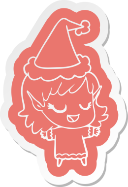 Bir insan tarafından çizilmiş Noel Baba şapkası giyen elf bir kızın komik çizgi film çıkartması.