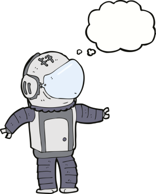 Bir insan tarafından çizilmiş düşünce baloncuklu astronot.