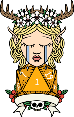 Retro Dövme Tarzı Üzgün Elf Karakteri Yüzü Doğal bir D20 ruloyla Bir insan tarafından çizilmiş