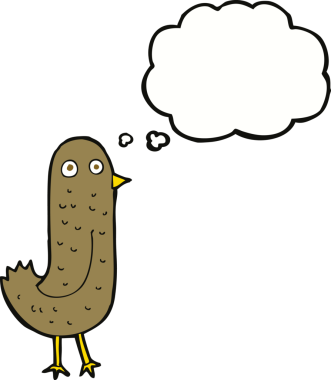 Bir insan tarafından çizilmiş düşünce baloncuklu komik çizgi film kuşu.