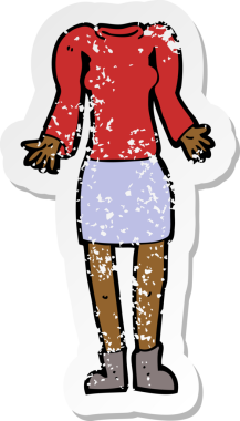 Bir insan tarafından omuzları silkilmiş bir karikatür kadın vücudunun gerilimli retro yapıştırması