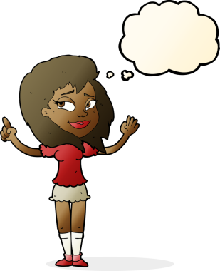 Bir insan tarafından çizilmiş düşünce baloncuğu fikri olan karikatür kadın.