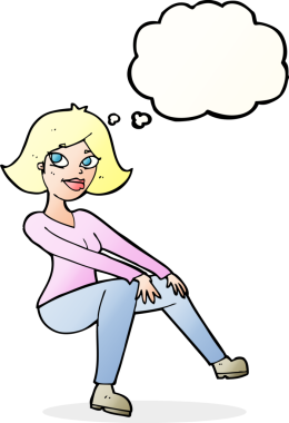 Bir insan tarafından çizilmiş düşünce baloncuğuyla oturan mutlu bir kadın.