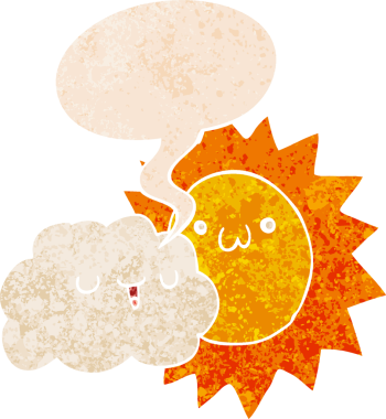 bir insan tarafından çizilmiş grunge sıkıntılı retro stil konuşma balonu ile çizgi film güneş ve bulut