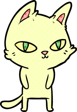 Bir insan tarafından çizilmiş parlak gözlü çizgi film kedisi.